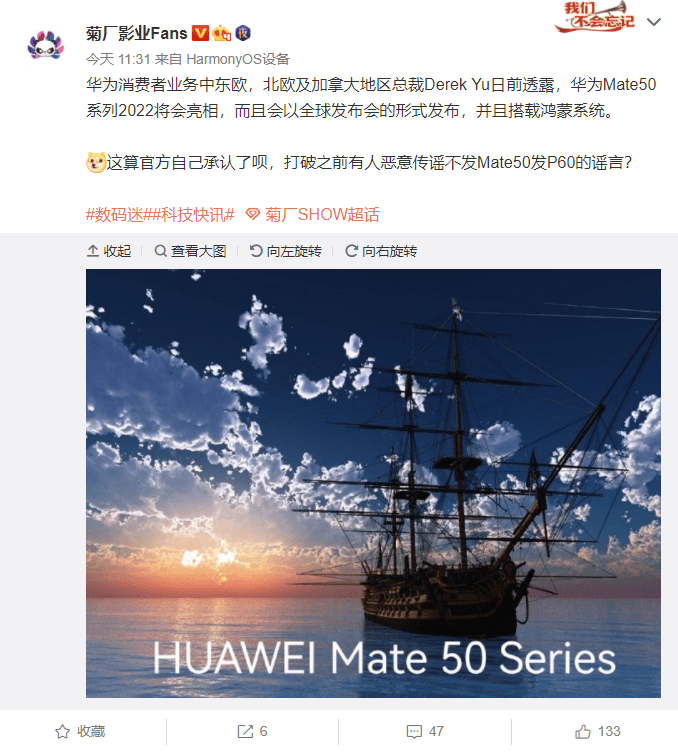 系列|华为Mate 50/Pro系列会在2022年发布，全球搭载鸿蒙