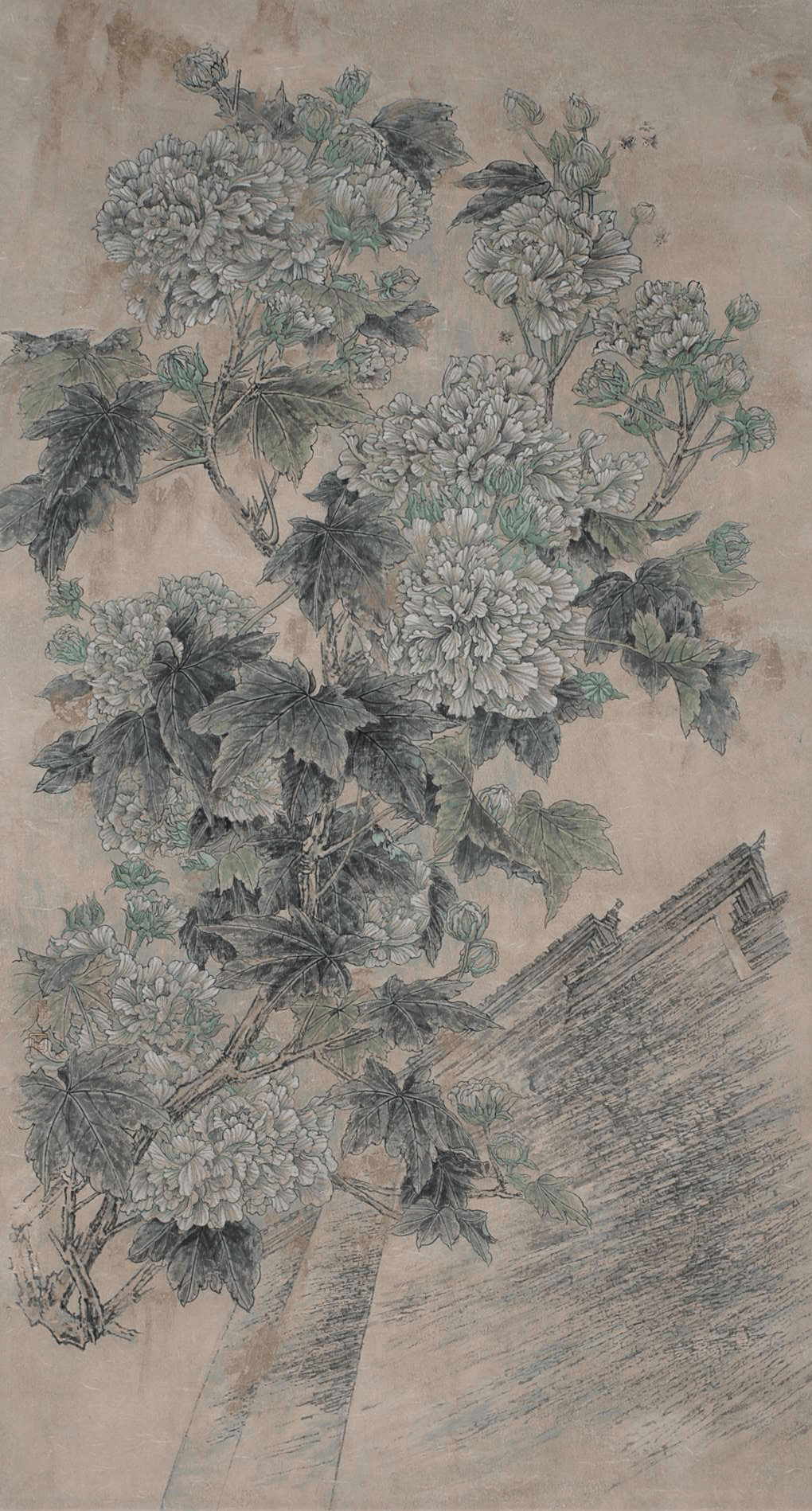 工笔重彩花鸟画《锦城》作品是以芙蓉花为描绘主题,背景配以老城墙作