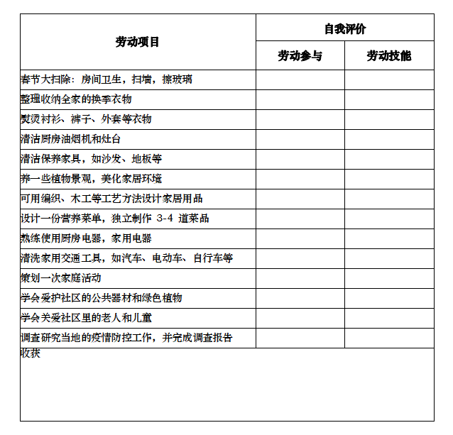 家务劳动评价表图片图片