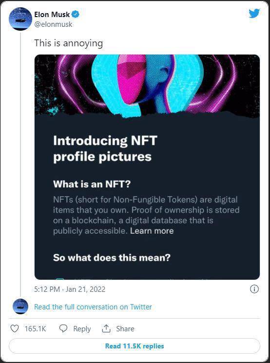 推特引入NFT头像功能 马斯克批其“烦人”且浪费资源-第1张图片-OKX官网
