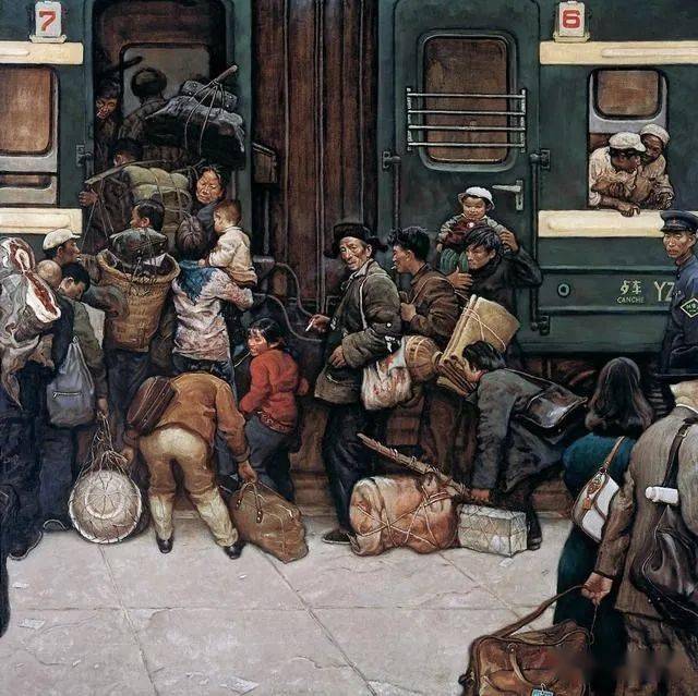 巨幅油画回乡的绿皮火车超震撼