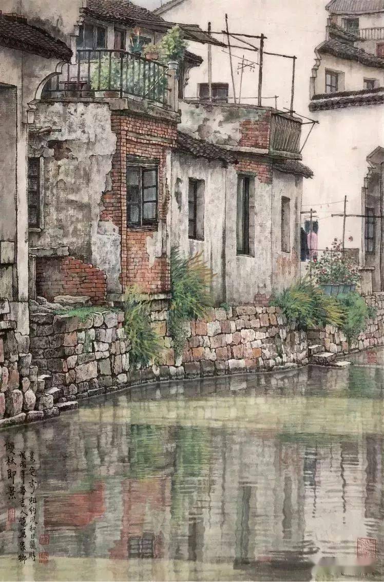 不少江南水乡作品画于上世纪90年代,当时吕吉人客居纽约,凭借记忆创作