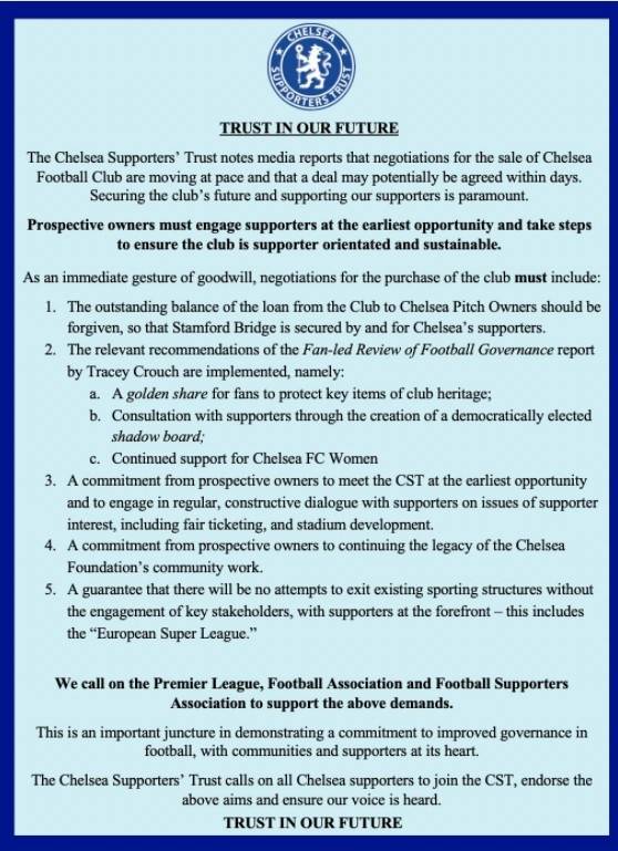 球迷|切尔西球迷组织声明：俱乐部下家需保证不加入欧超