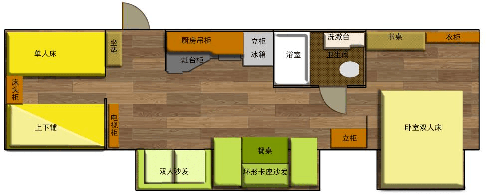 衛浴區和兩處休息區,滿足戶外旅行生活所需;內飾採用經典美式設計風格