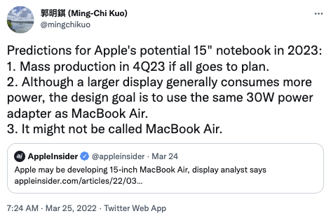 苹果|天风国际郭明錤：苹果15英寸笔记本预计2023年Q4量产