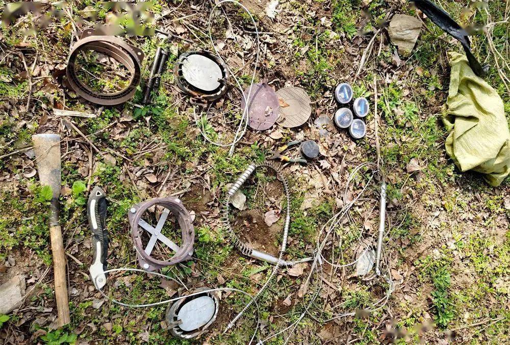 图为警方现场查获的大量捕猎工具.