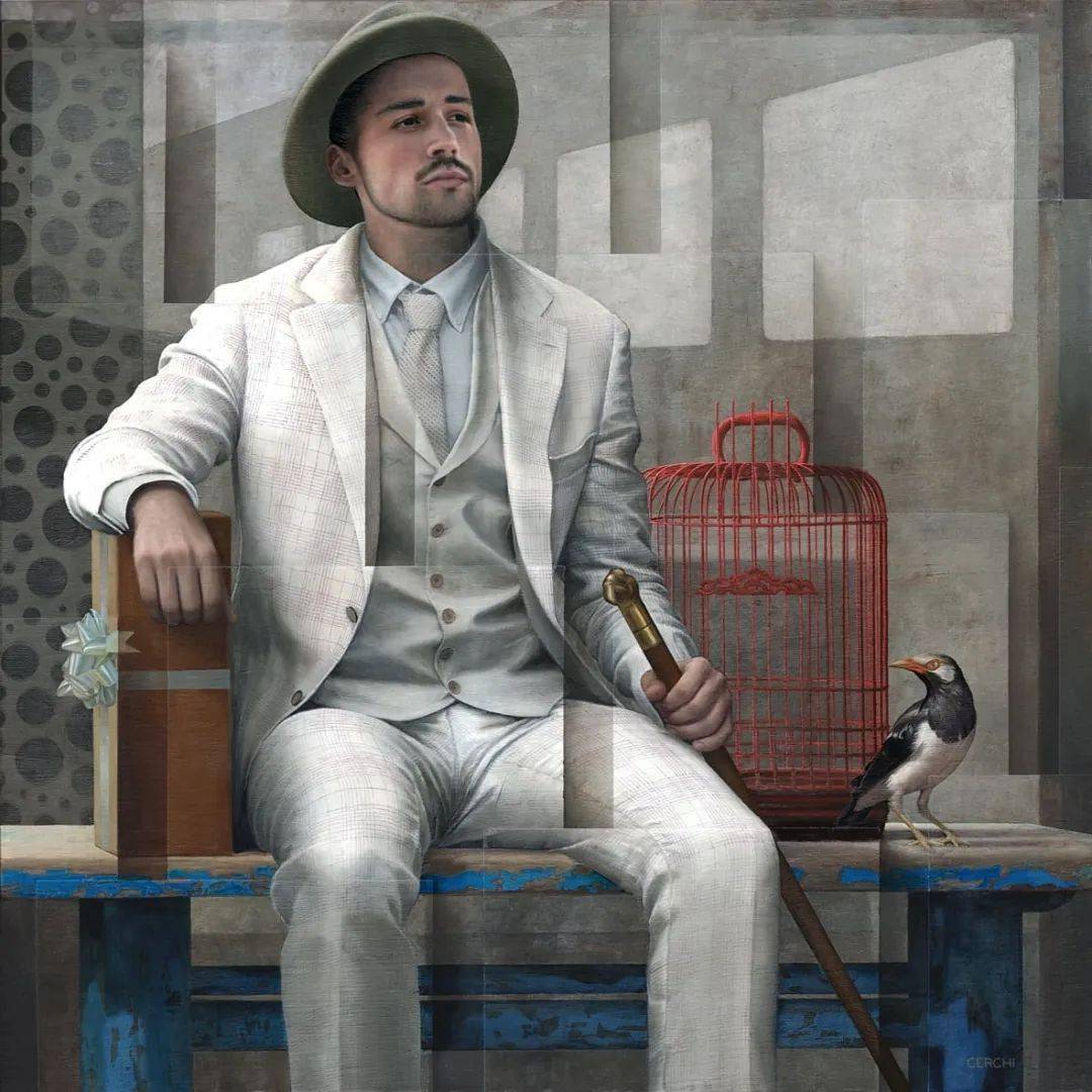 意大利画家塞尔吉奥其油画人物与几何的构成宛若雕塑一般