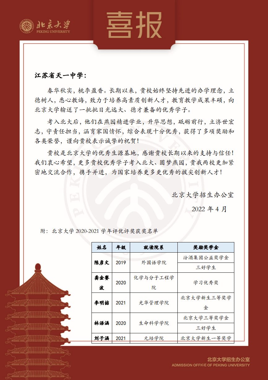 北京大學向天一中學發來喜報