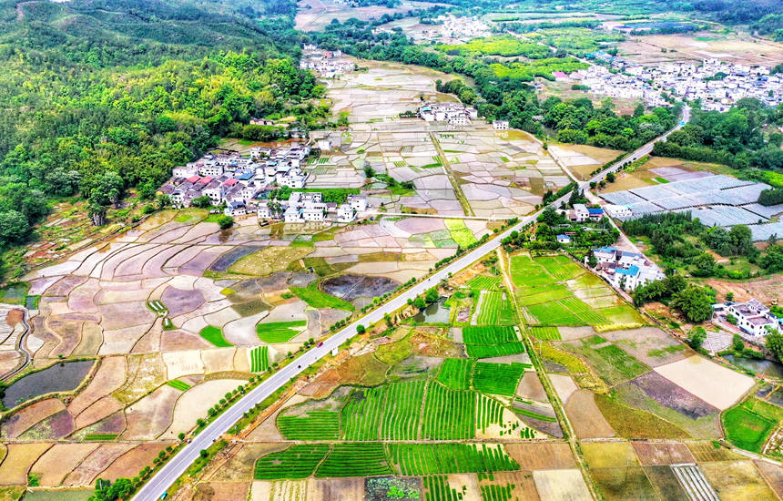 航拍下的江西省贛州市全南縣南逕鎮羅田村田園景色.