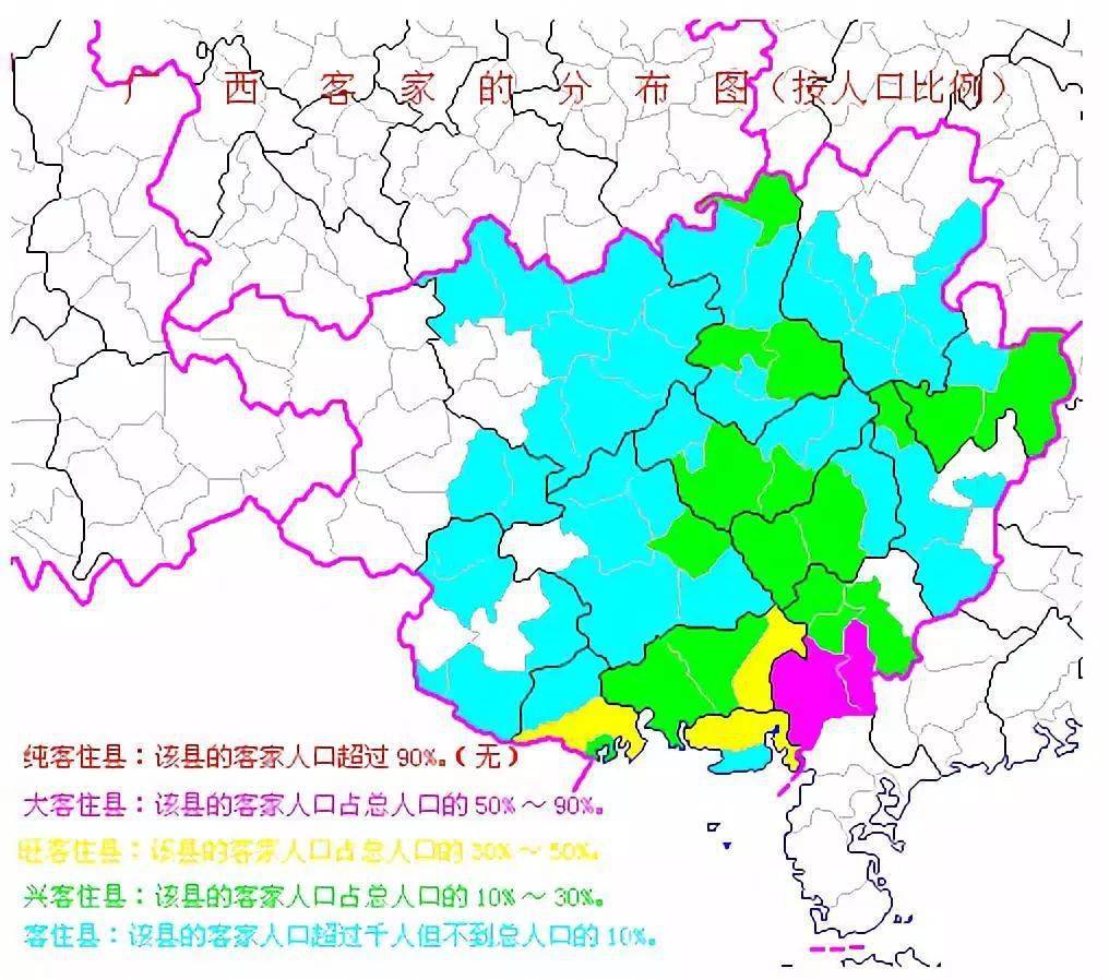 廣西客家的分佈圖(按人口比例)廣西客家主要分佈在靠近廣東的地區