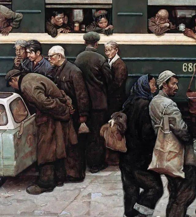 巨幅油画回乡的绿皮火车超震撼