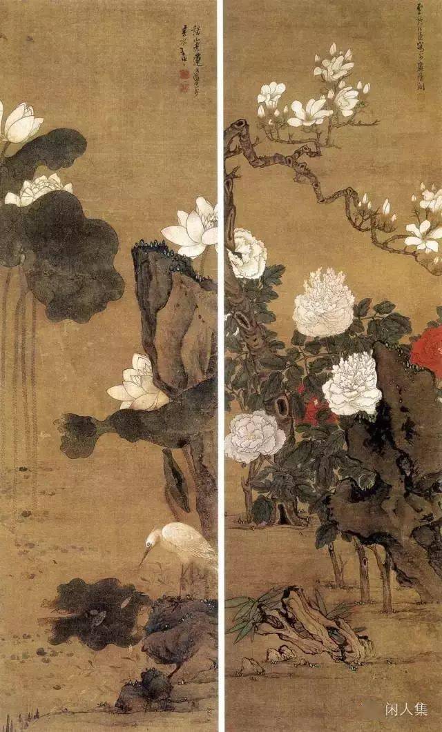 花鸟四条屏冰壶秋色图摹李公麟乞士图局部无极长生图铸剑图清供图水仙