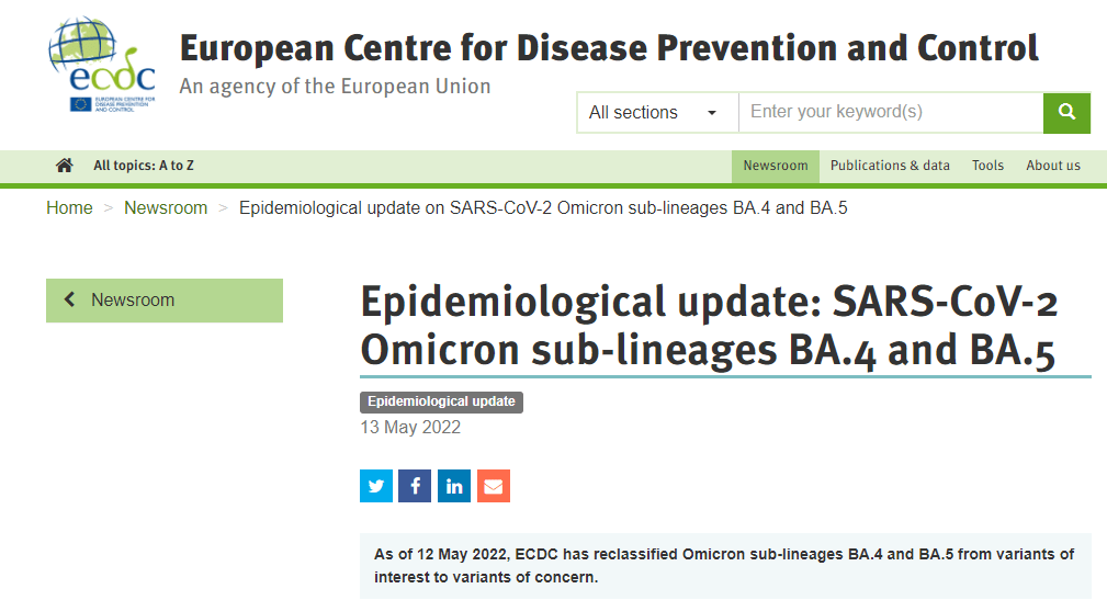 欧洲疾控中心将奥密克戎变异株亚型ba4和ba5升级为高关注变异株