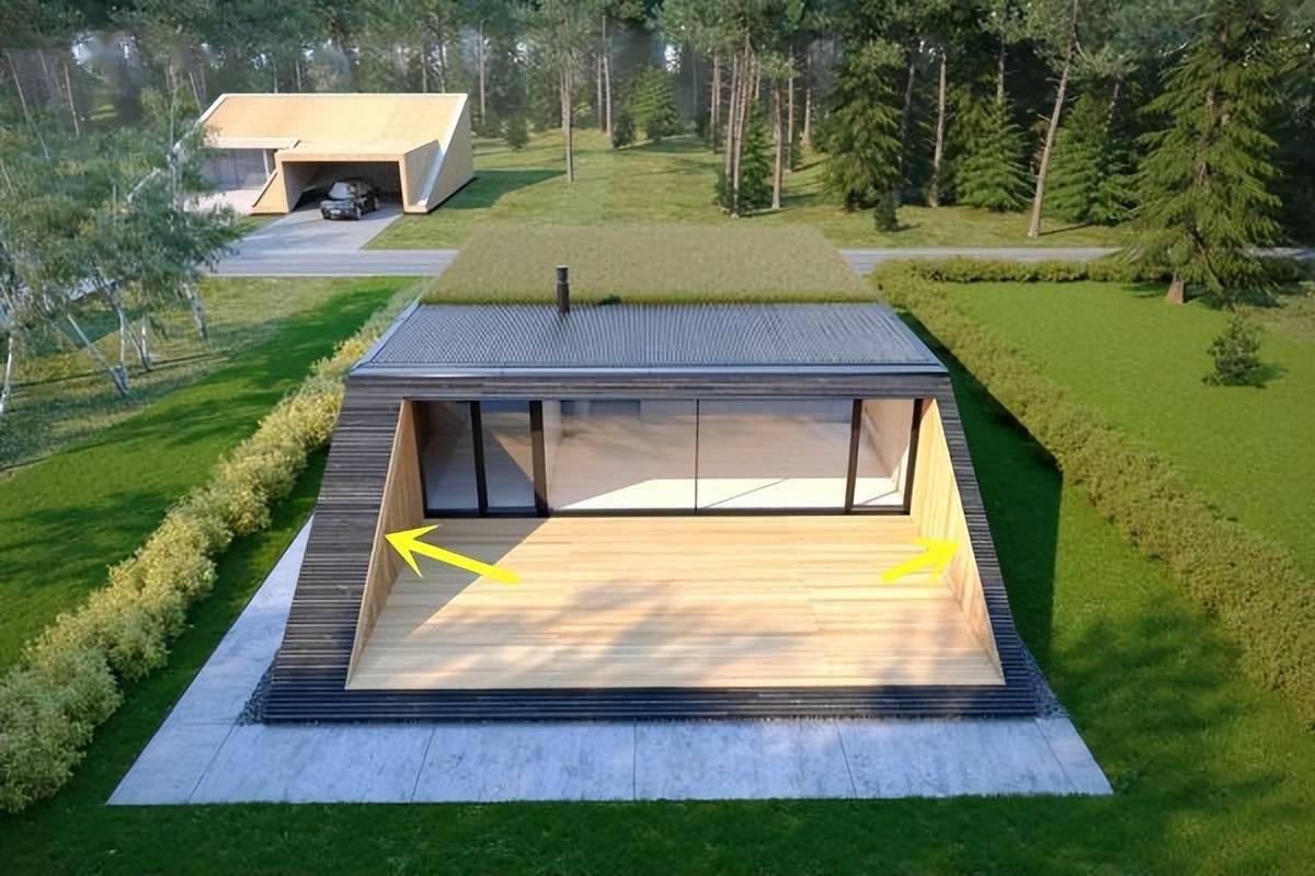 屋顶的挤出上,两侧延伸两堵斜墙,视觉上是立体的"n"状,样式特别,设计