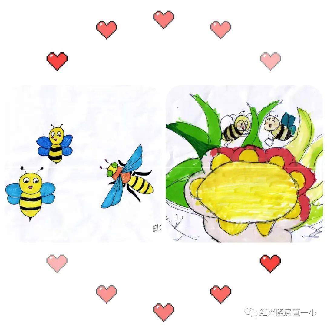 《蜜蜂》这篇课文后,孩子用画画涂鸦的形式,勾勒出一只只可爱的小蜜蜂
