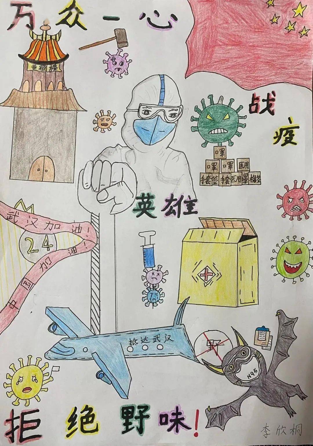 爱国抗击疫情绘画作品图片