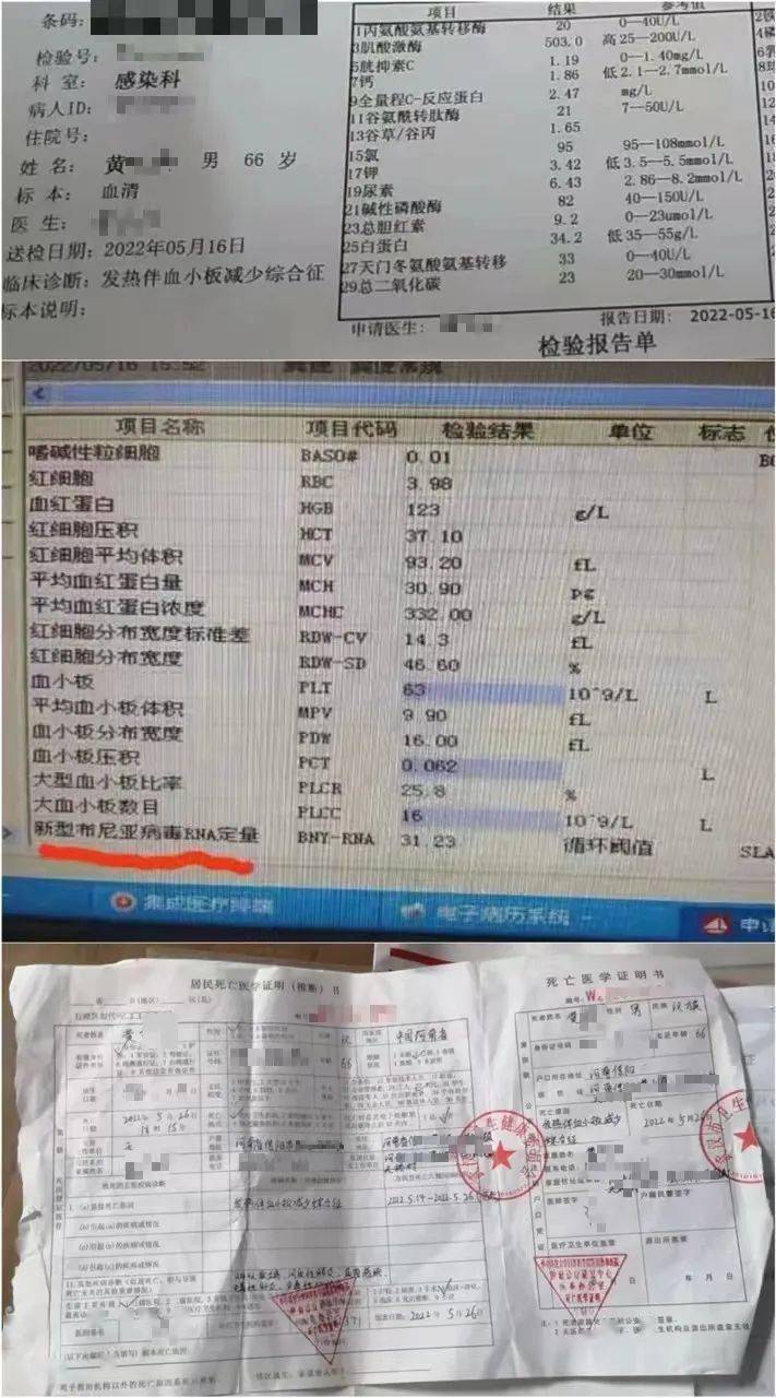 15日,黄先生母亲将丈夫送入信阳990医院就诊,经多项检查后确诊为"发热