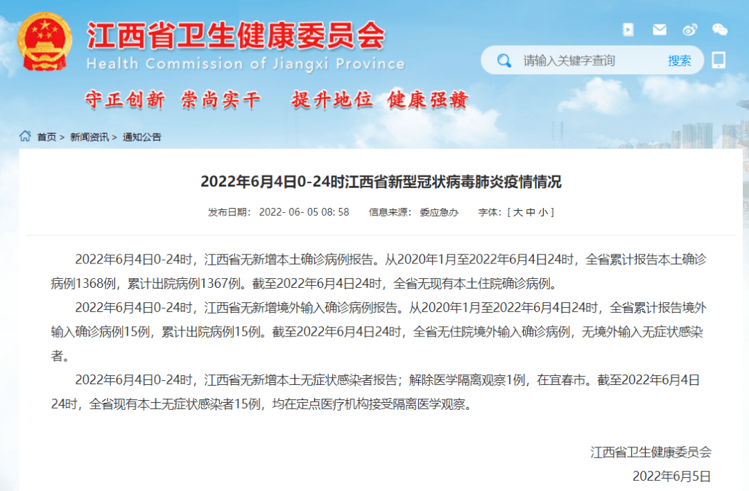 2022年6月4日江西省,南昌市新型冠状病毒肺炎疫情情况