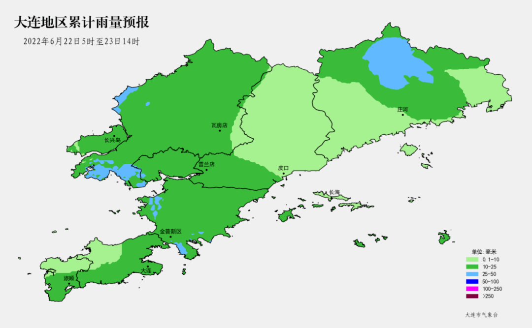 中午,全市有小到中雨(降雨量5～20毫米),金普新區,瓦房店市西部和南部