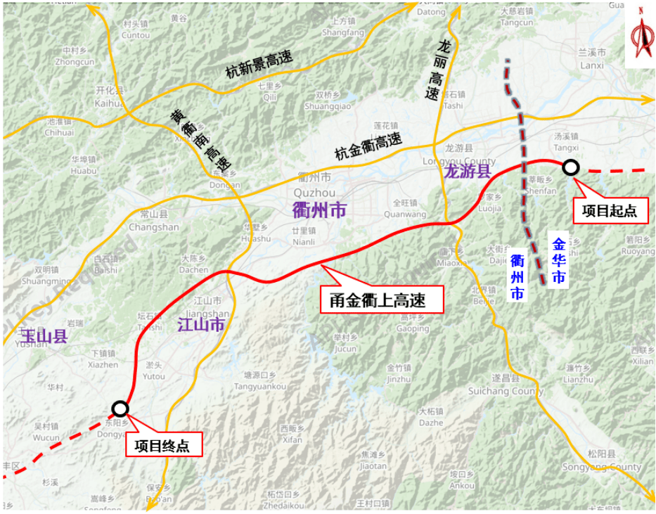 路线走向图甬金衢上高速公路金华婺城至浙赣界是《浙江省综合立体