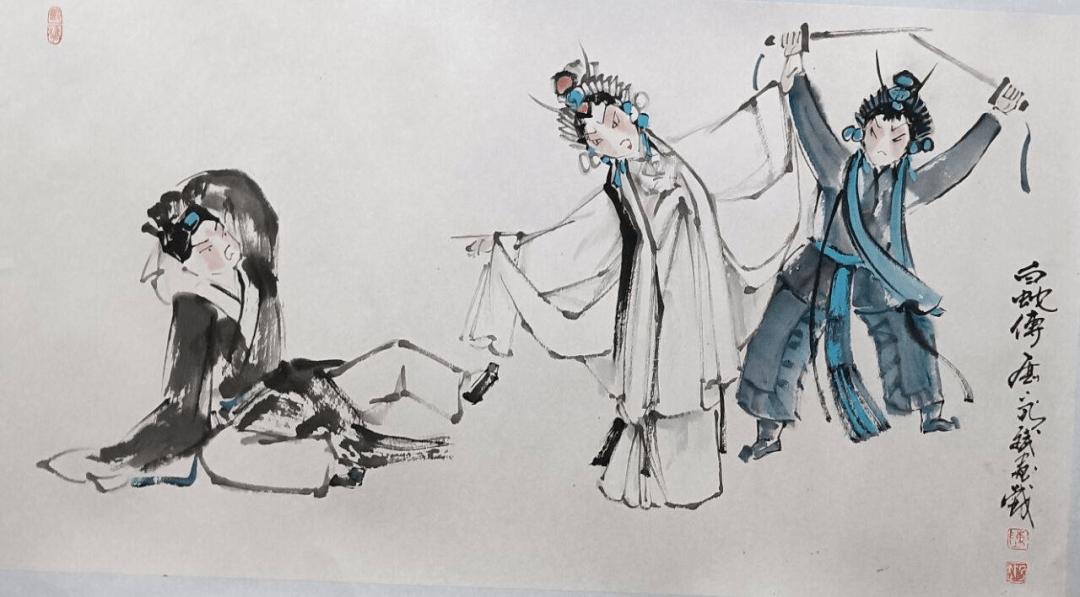 心事,许仙跌坐在地伸出双臂,惊悔交集,显得懦弱无助;小青则是柳眉倒竖