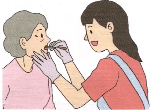 嘱咐老人张口,左手持压舌板伸向老人口腔,用手电筒观察是否有感染或