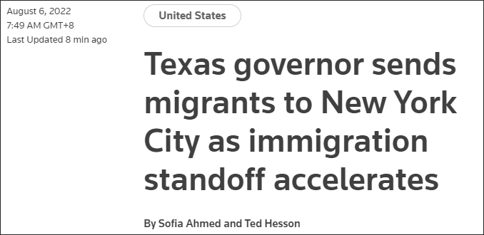 得州州长：美墨边境移民太多，我用车把他们送去纽约了