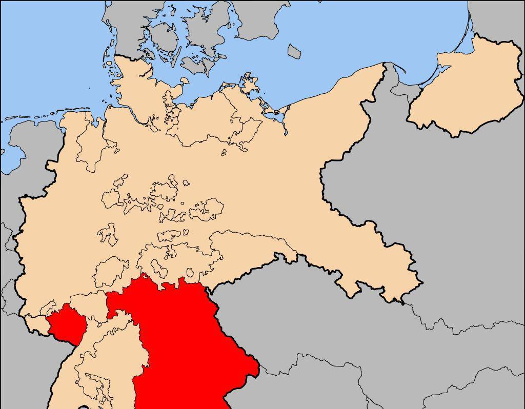 巴伐利亚苏维埃共和国的声称领土(红色)一战后的惩罚性苛刻条款使得