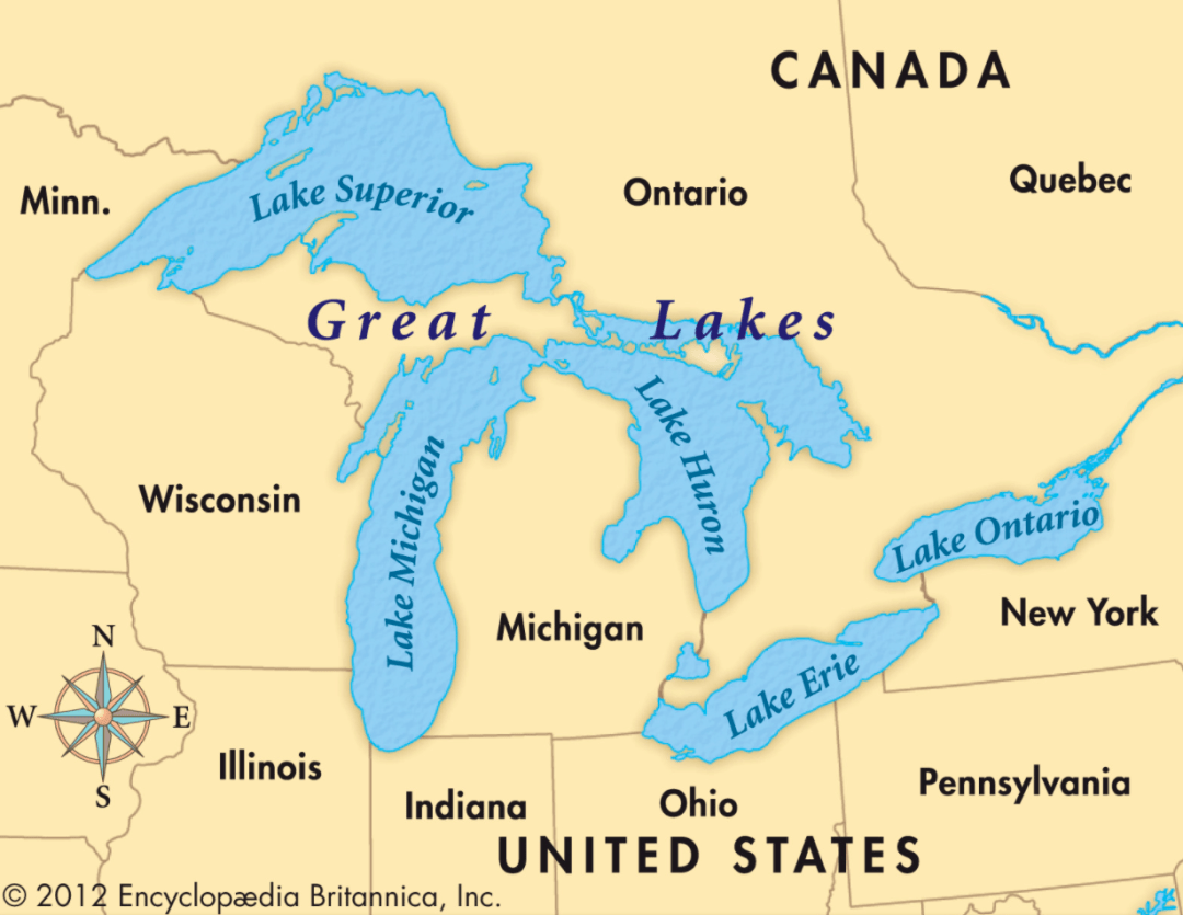 lake 放在开头,前面不加 the,例如美国东北部和加拿大之间的五大湖,就