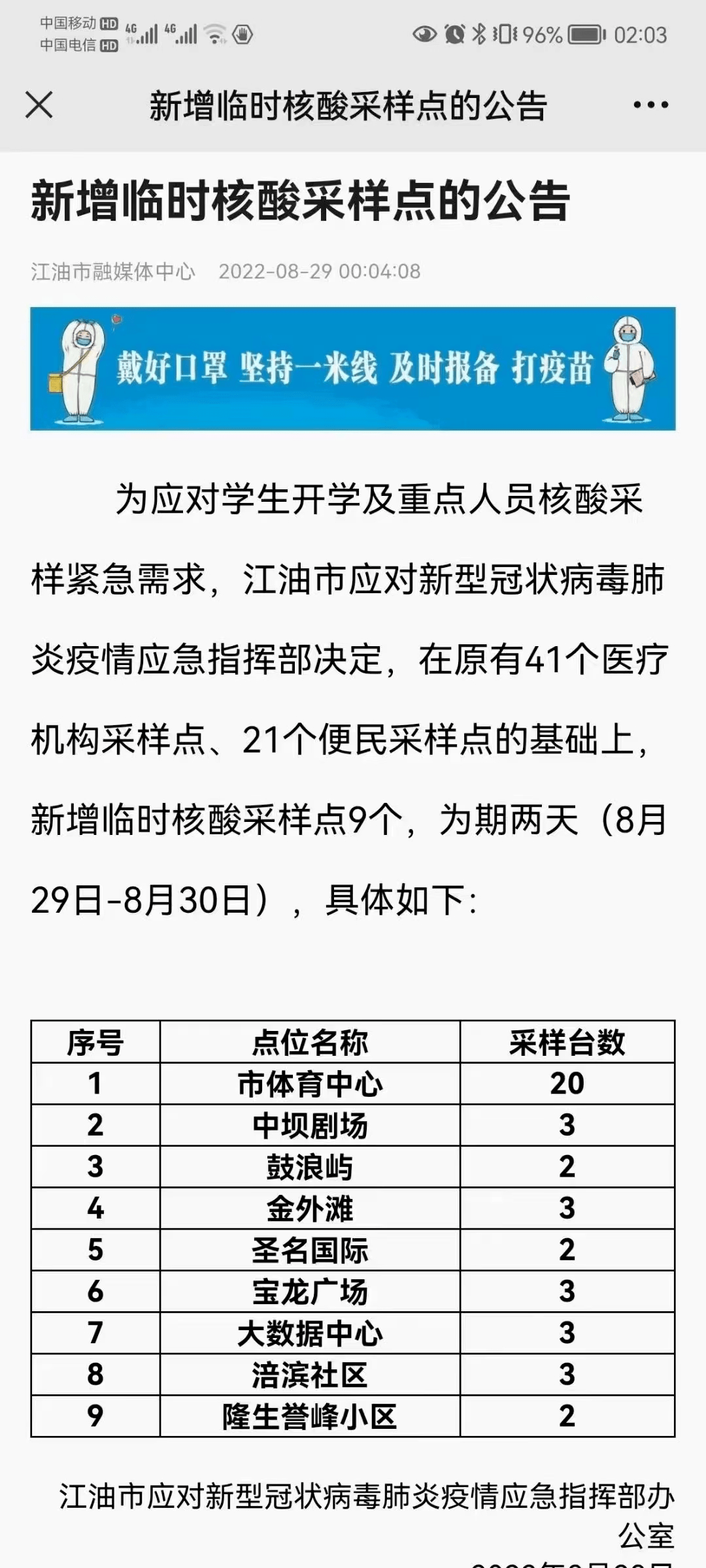 江油市应对新型冠状病毒肺炎疫情应急指挥部决定,在原有41个医疗机构