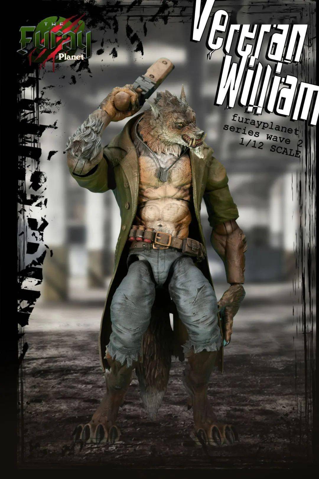 狼人会穿着军绿色的软胶风衣和蓝色裤子,露出结实的上半身肌肉和粗壮