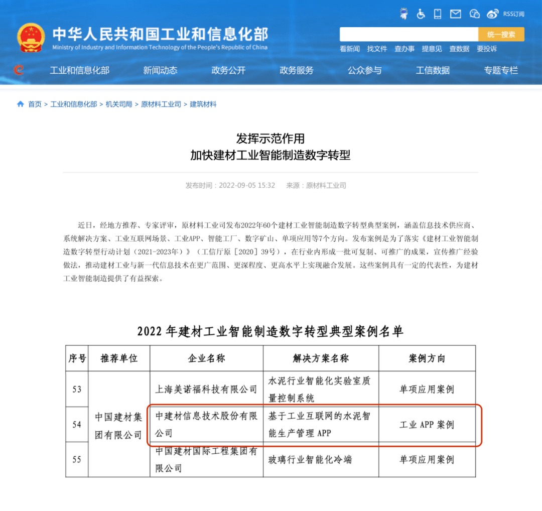 中建信息入选2022年建材工业智能制造数字转型典型案例名单_搜狐网