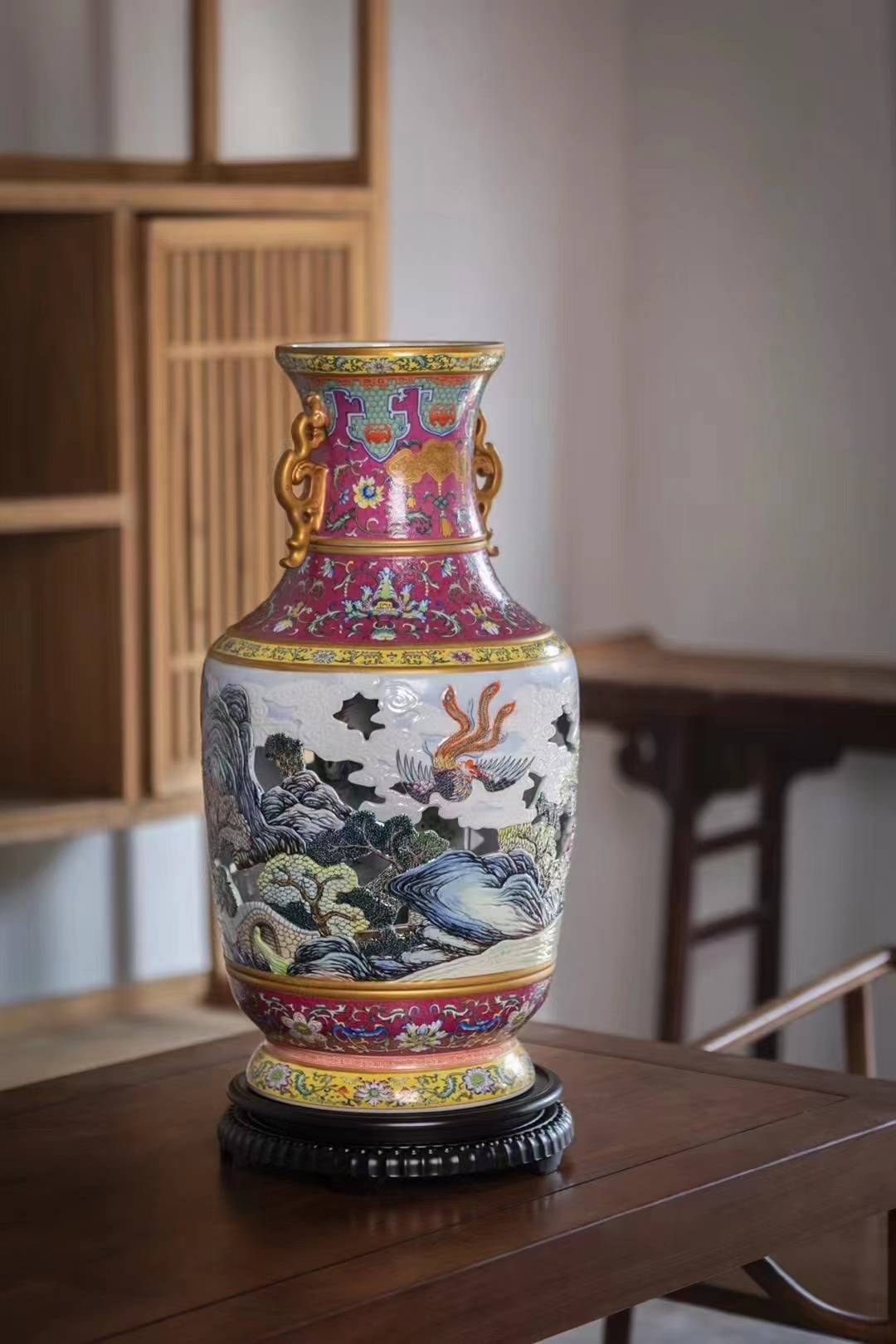 阳士琦大师陶瓷 有凤来仪百鸟朝凤转心宝尊 国博鉴定,南京工美出品