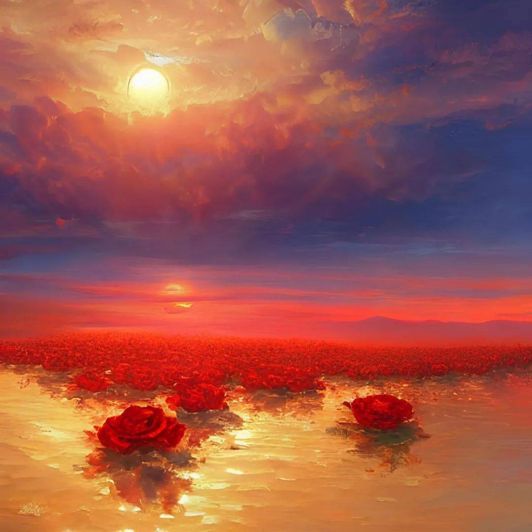 例如输入:玫瑰花海 背景是灿烂的晚霞云海 金色调,然后选择油画风格