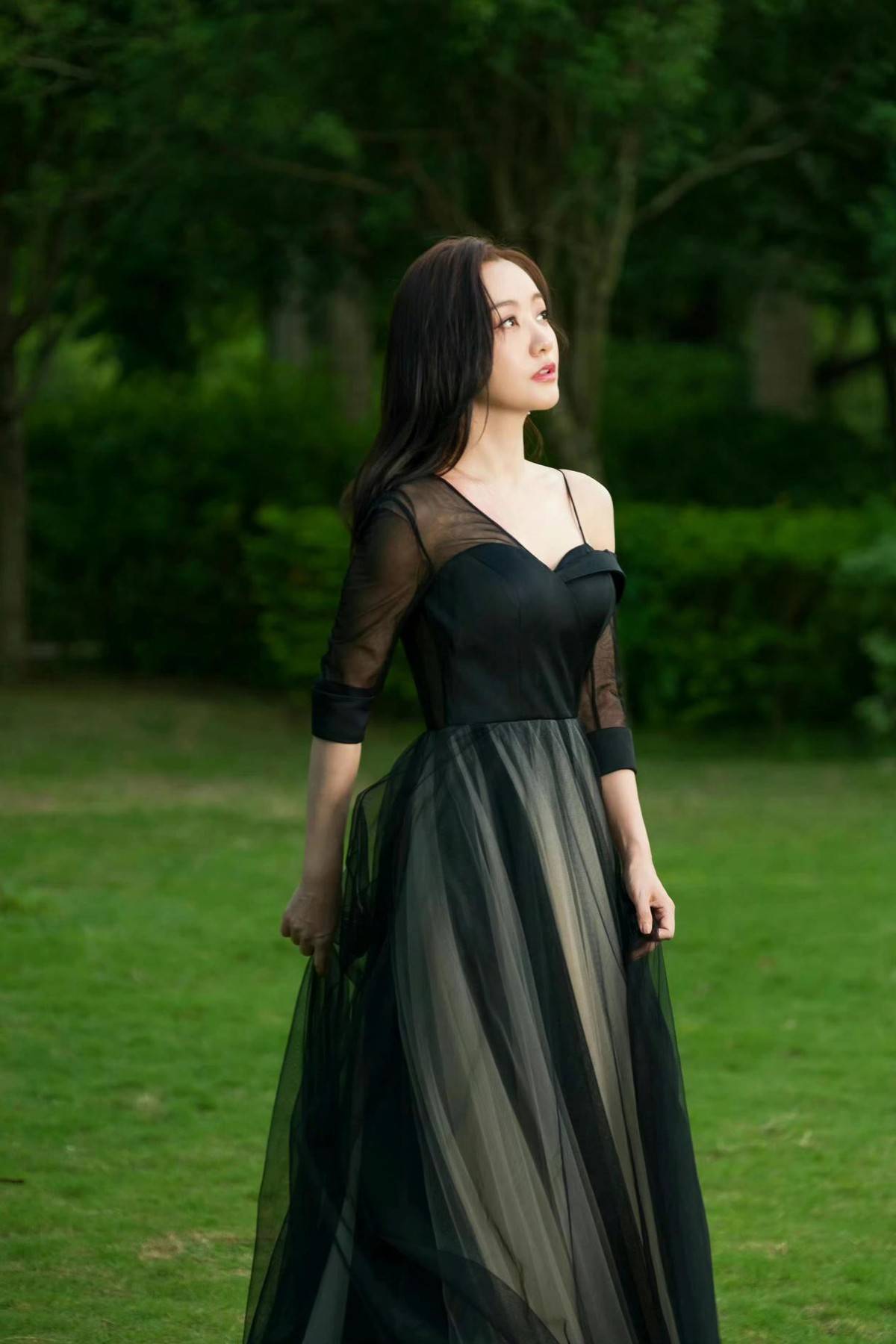 杨蓉编发披肩真好看,一身黑色薄纱连衣裙典雅浪漫,气质更是迷人