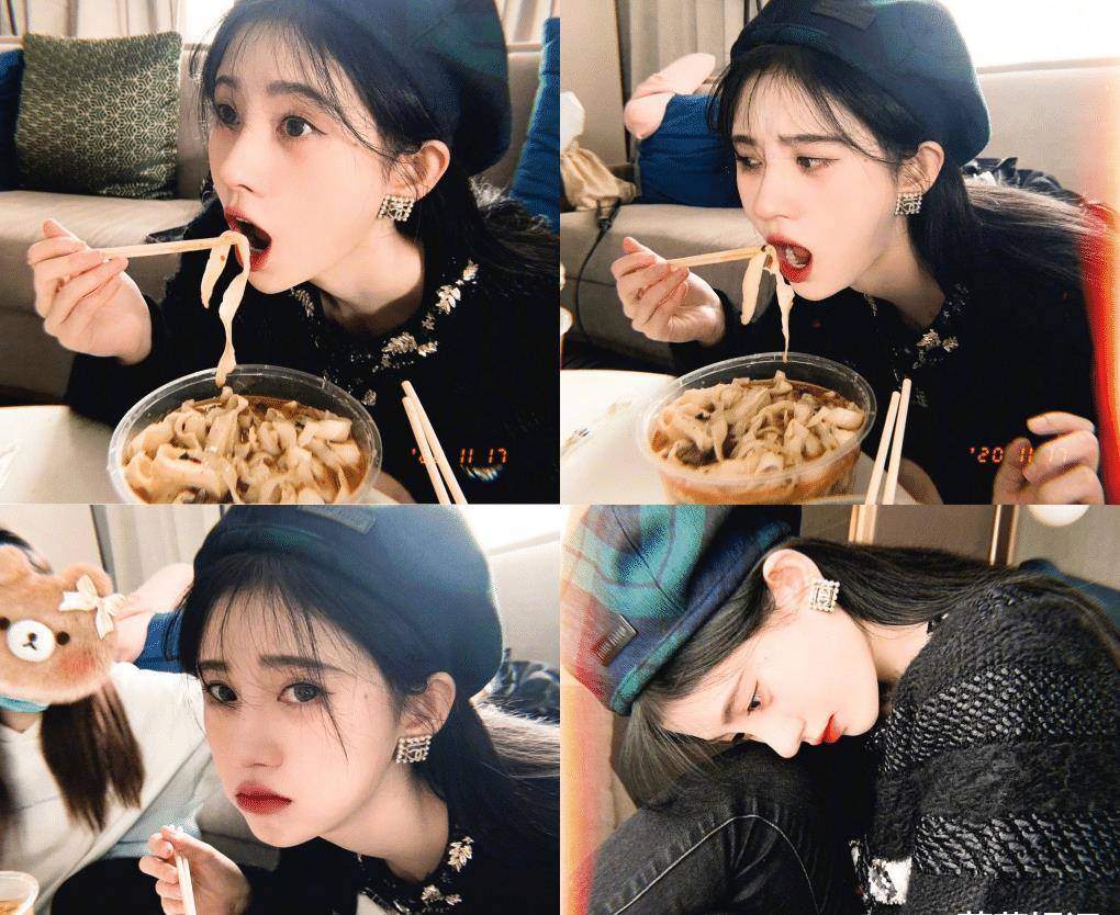 鞠婧祎大口吃面,妆容美好颜值在线,真的吃进嘴里了么?_照片_嘴巴_感觉