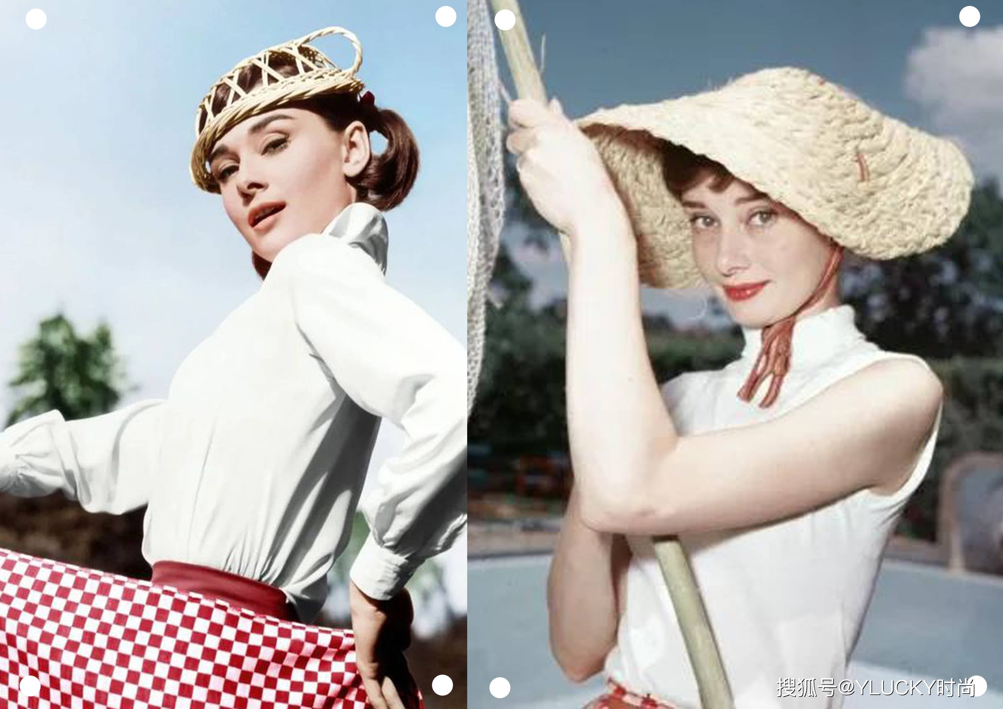 赫本在选择草帽时,多种款式都有尝试,像上图中简约线条设计变化,比较