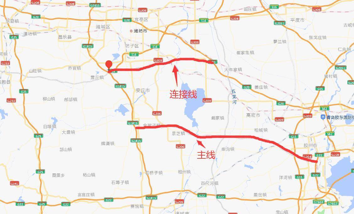 一直到达胶州湾高速,线路长约83公里,途经青岛市安丘市,峡山区,高密市