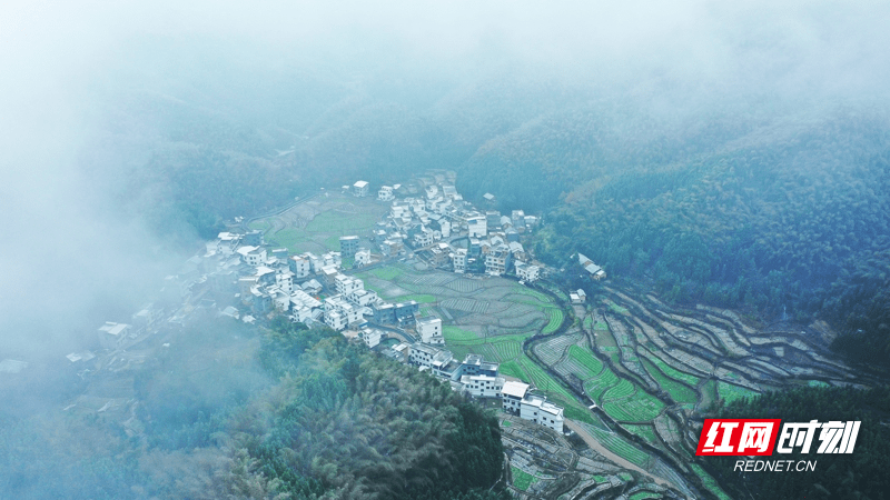 湖南新田：云雾缭绕村落映雪如仙境