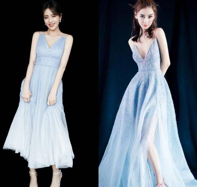 佟丽娅和angelababy同穿深v蓝色长裙!