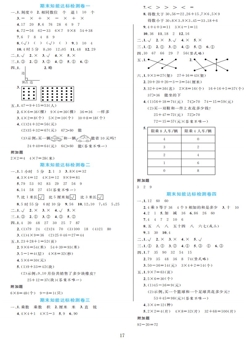 人教版二年级数学上册期末检测卷4套附谜底（可下载）