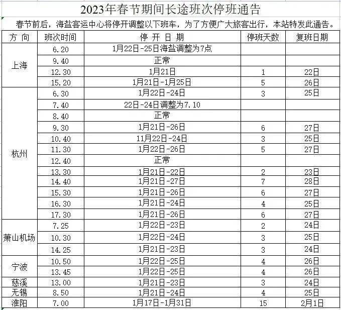 2023年春节期间海盐公交、长途班次调整布告！