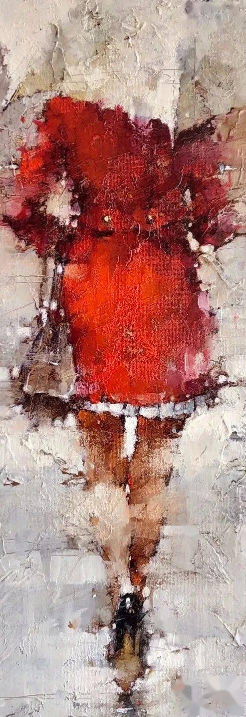 雨中红裙女子的背影!俄罗斯画家安德烈·科恩的人物油画作品欣赏