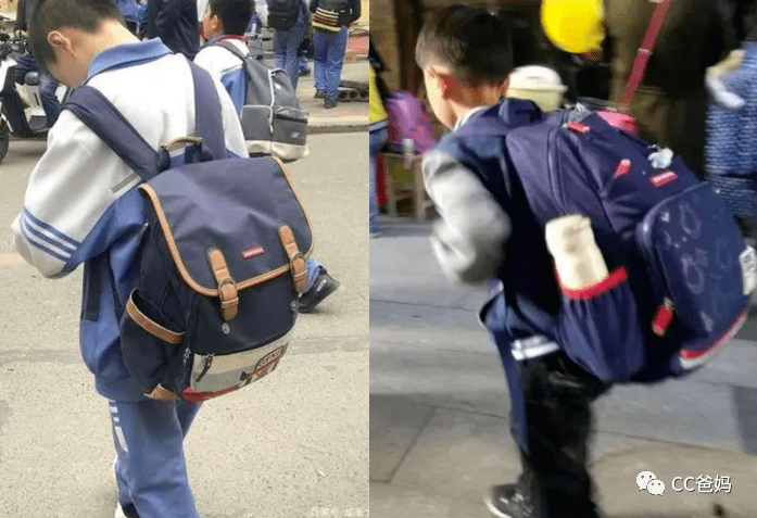 接送孩子看到校门口很多孩子背着不合适的书包,孩子要通过前弓背,驼背