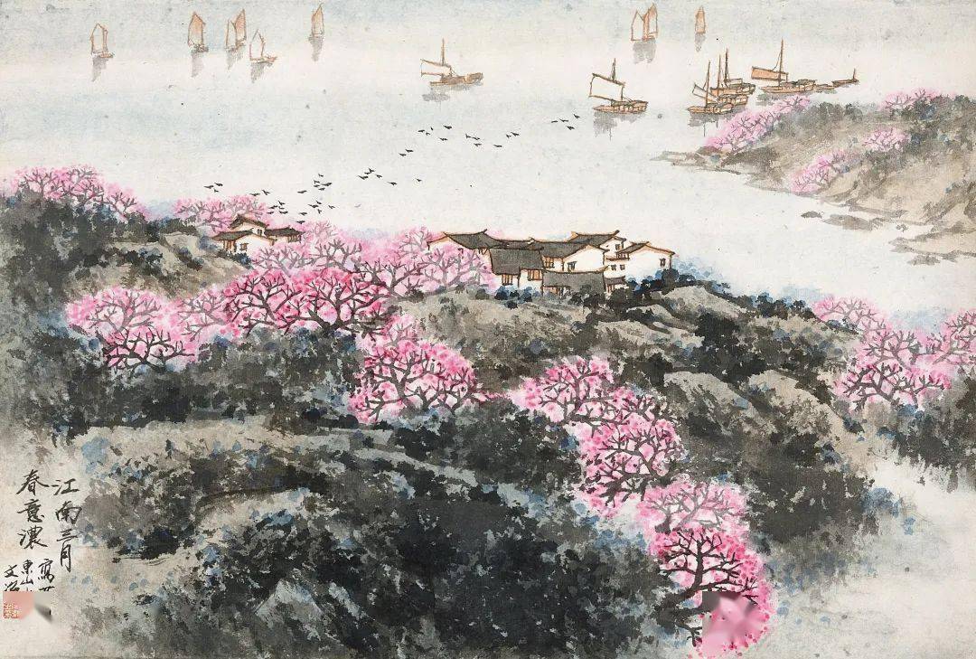 宋文治:春风又绿江南岸,桃花源里可耕田_太湖_画面_桃树