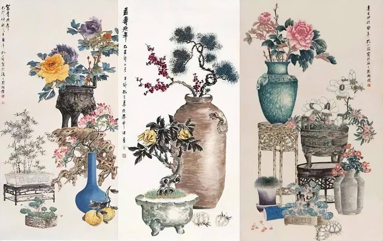 著名画家孔小瑜《博古清供图》插花和盆景点缀案头,赏花由原生态的