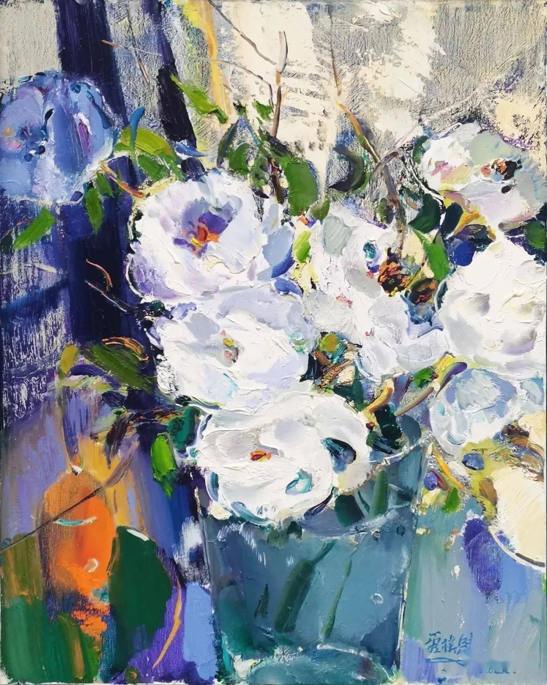 陈和西作品60cm×60cm 布面油画 2017年沈行工 瓶花布面油彩 80x60cm