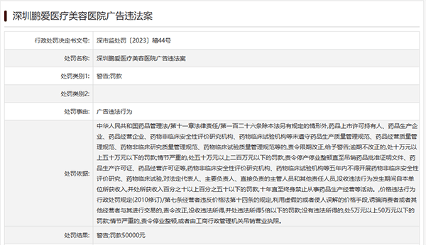 深圳鹏爱医疗美容医院又因违法被罚5万 3月份已收两张罚单(图1)