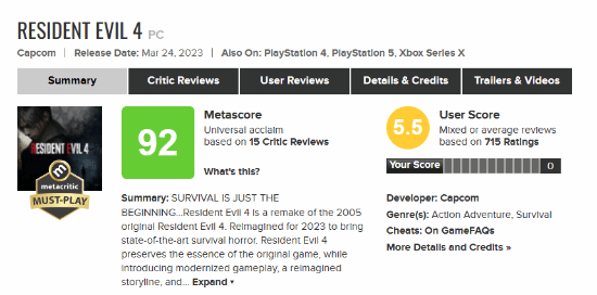 《生化危机4重制版》遭受玩家负面评价轰炸,XSX版本用户评分仅有5.2分
