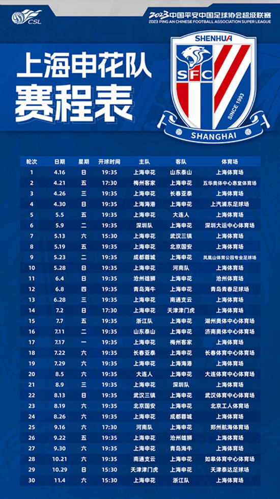 新赛季中超赛程:申花海港首轮遇强敌 第四轮上演申城德比